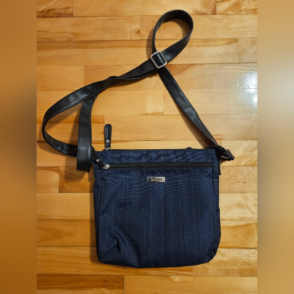 Roots 73 Crossbody Purse Dark Blue with Black Pinstripes